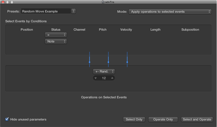 Figure. Transform window showing settings to randomly change the pitch of MIDI note events.