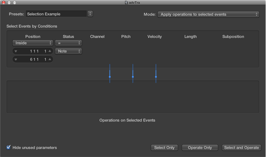 Figure. Transform window showing settings to make note selections for edit operations.