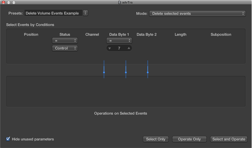 Figure. Transform window showing settings to delete volume events from a MIDI region.