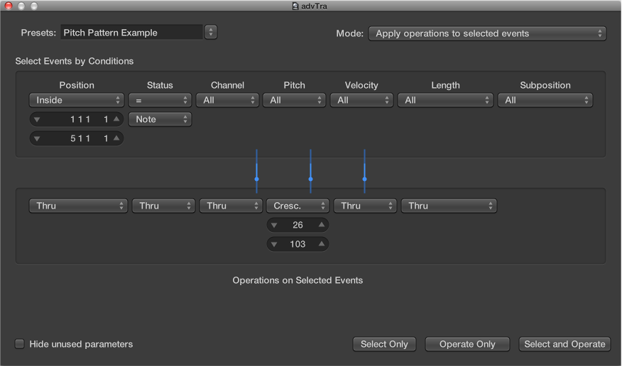 Figure. Transform window showing settings to create an ascending pitch pattern from notes of one pitch.