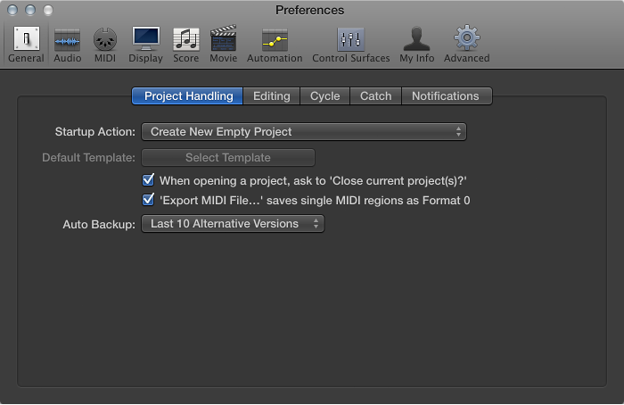 Figure. General Project Handling preferences.