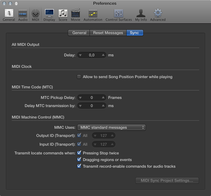 Figure. MIDI Sync preferences.