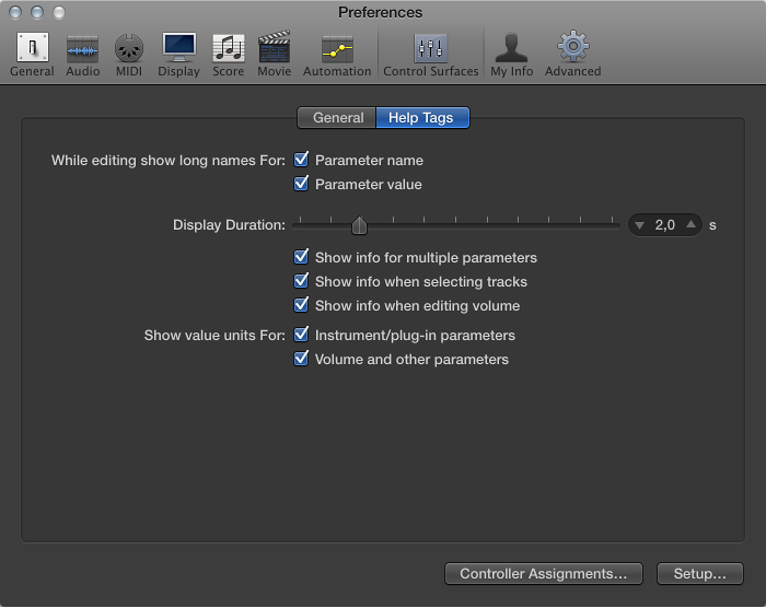 Figure. Control Surfaces Help Tag preferences.
