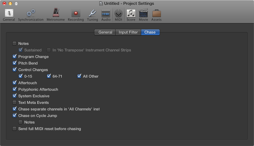 Figure. MIDI Chase settings.