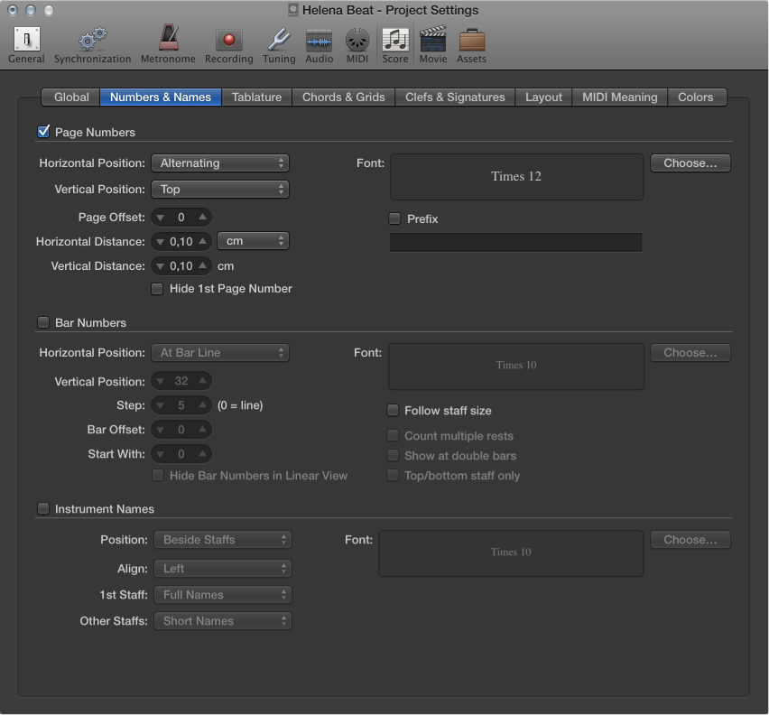 Figure. Score Numbers and Names settings.