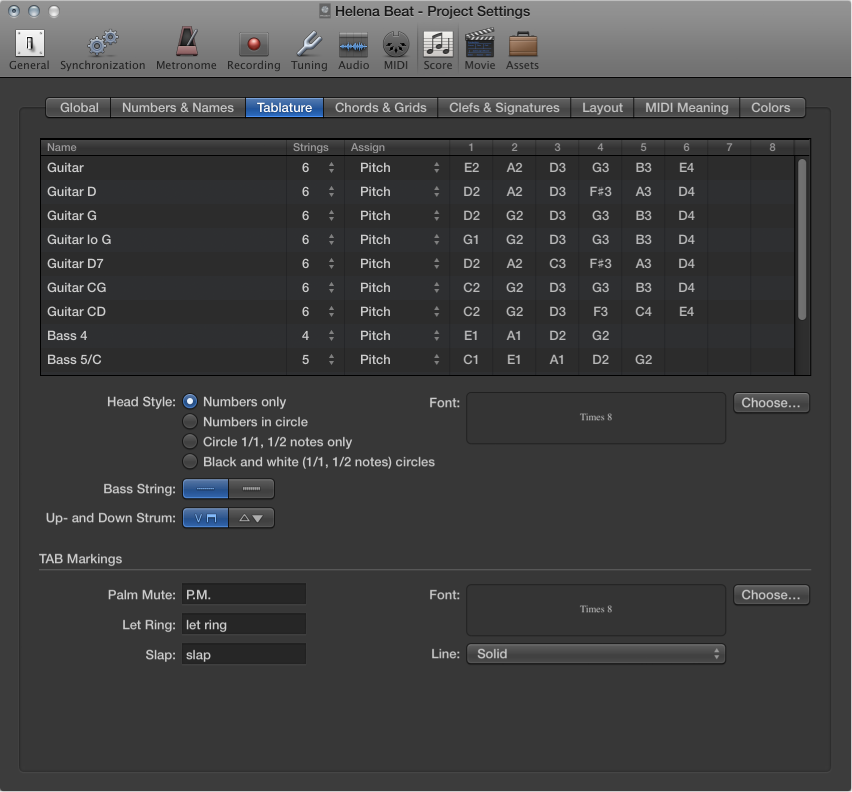 Figure. Score Tablature settings.