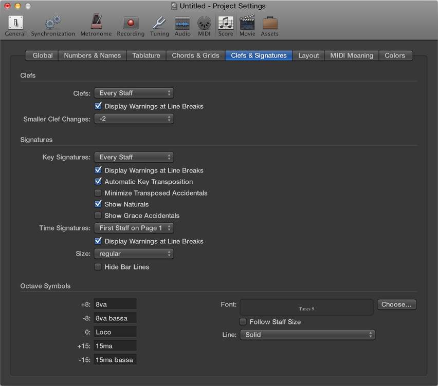 Figure. Clefs and Signatures settings.