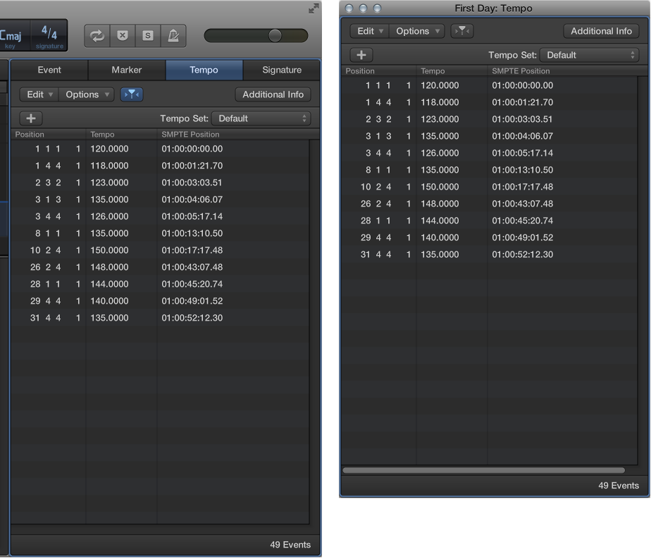 Figure. Tempo List displayed as both pane and window.