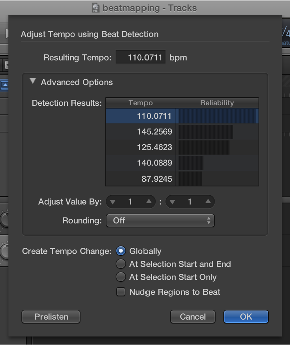Figure. Adjust Tempo using Beat Detection dialog.