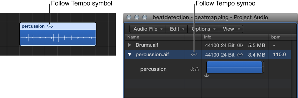 Figure. Follow Tempo symbol on audio region, and in Project Audio Browser.