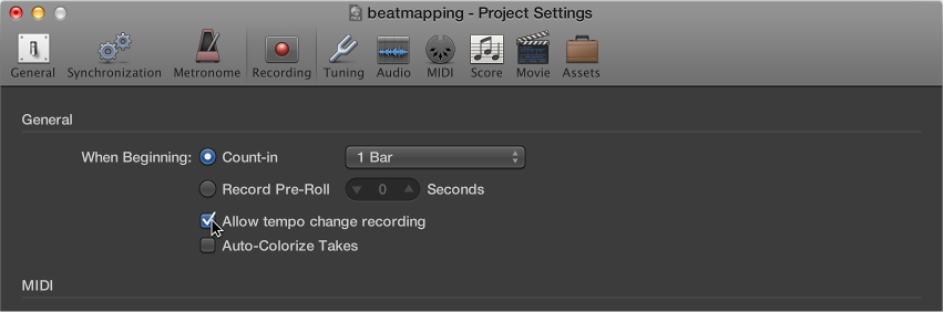 Figure. Recording project settings pane.