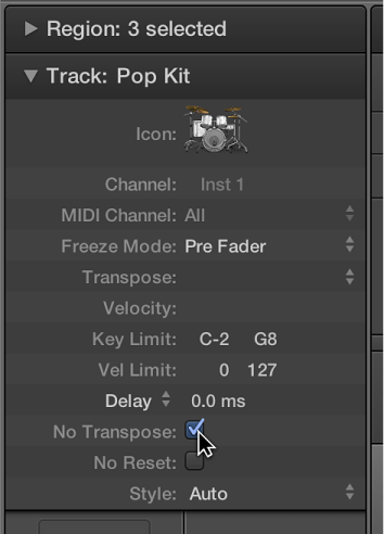 Figure. Track Parameter box with the No Transpose checkbox selected.