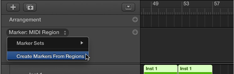 Figure. Marker track showing the Create Markers From Regions menu command.
