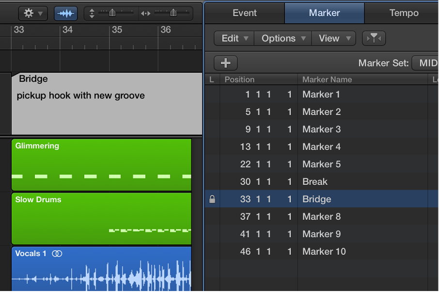 Figure. Marker name showing locked status with lock symbol.