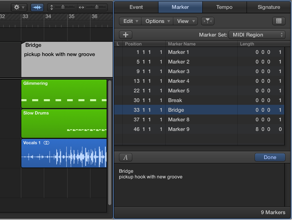 Figure. Marker List showing first line of text in Marker Text area being used as marker name.