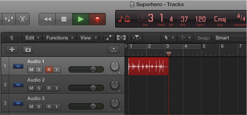 Figure. Showing a recorded audio region in red in the Tracks area.