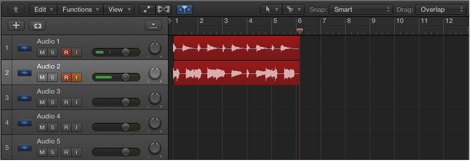 Figure. Showing audio recordings on two audio tracks.