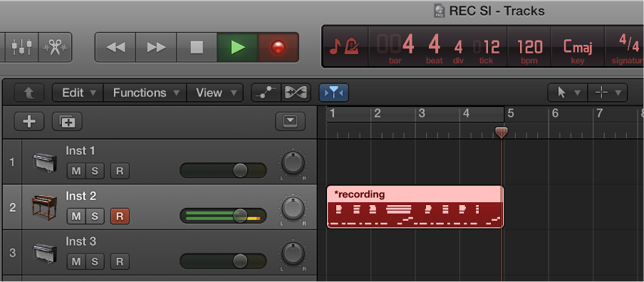 Figure. Showing a recorded MIDI region in red in the Tracks area.