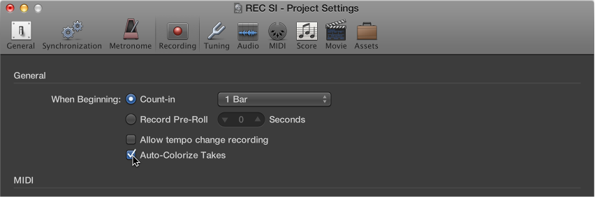 Figure. Selecting Auto-Colorize Takes in the Recording project settings pane.