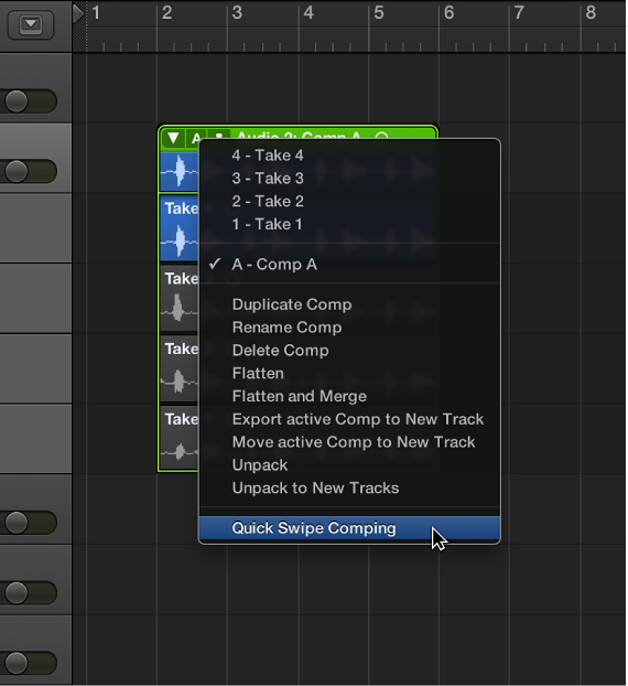 Figure. Selecting Quick Swipe Comping in the pop-up menu.