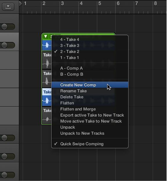 Figure. Choosing Create New Comp from the pop-up menu.