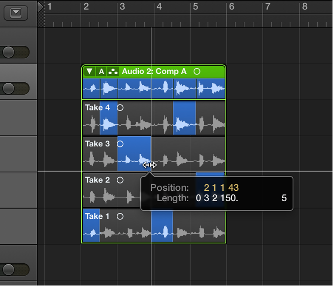 Figure. Dragging the end point of a take selection.
