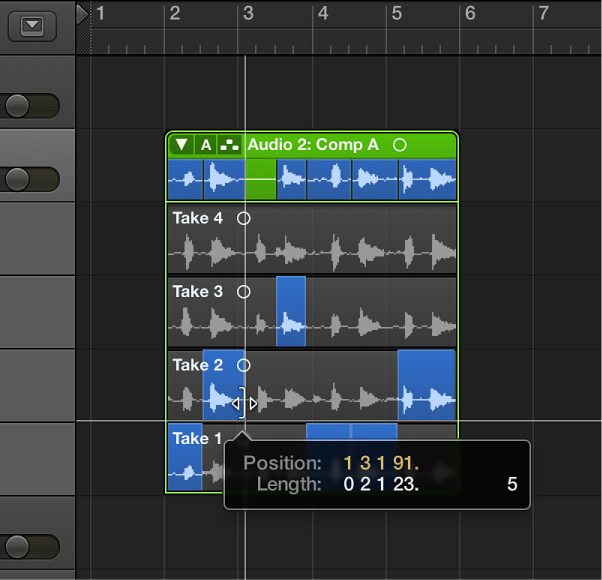 Figure. Shift-dragging the end point of a take selection.