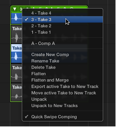 Figure. Choosing a take from the pop-up menu.