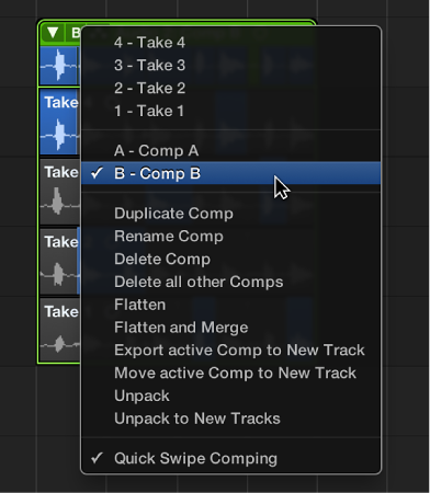 Figure. Choosing a comp from the pop-up menu.