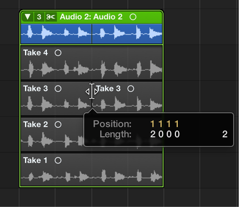 Figure. Dragging between two adjacent take selections.