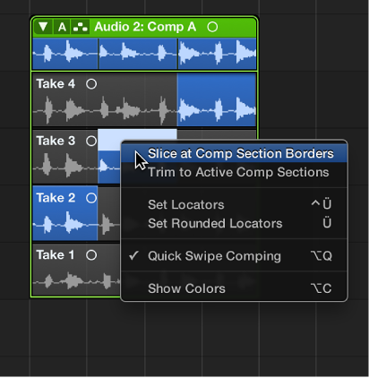 Figure. Choosing Slice at Comp Section Borders from the shortcut menu.