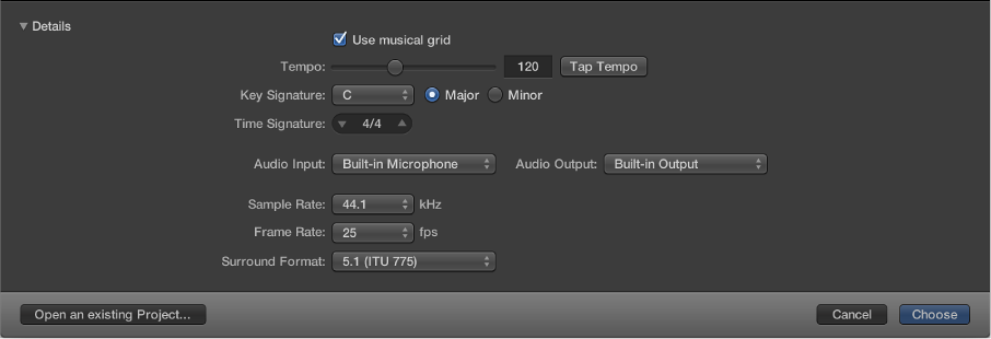 Figure. Details in the lower half of the Project Chooser, for setting project properties.