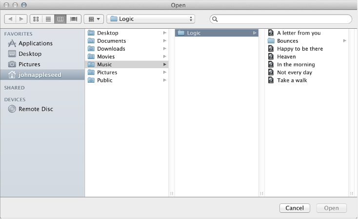 Figure. Open dialog, showing browsing to a project.
