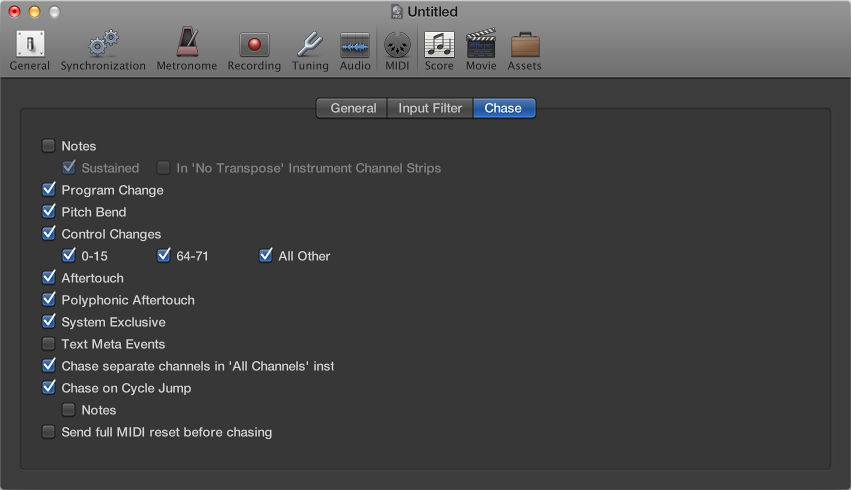 Figure. Chase pane in the MIDI project settings.