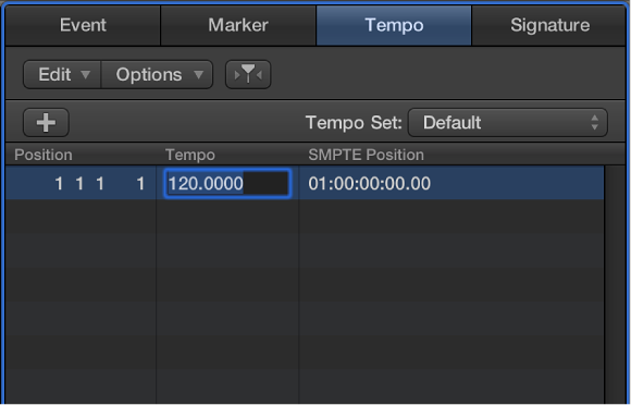 Figure. Tempo tab with tempo selected, ready to enter a new tempo value.