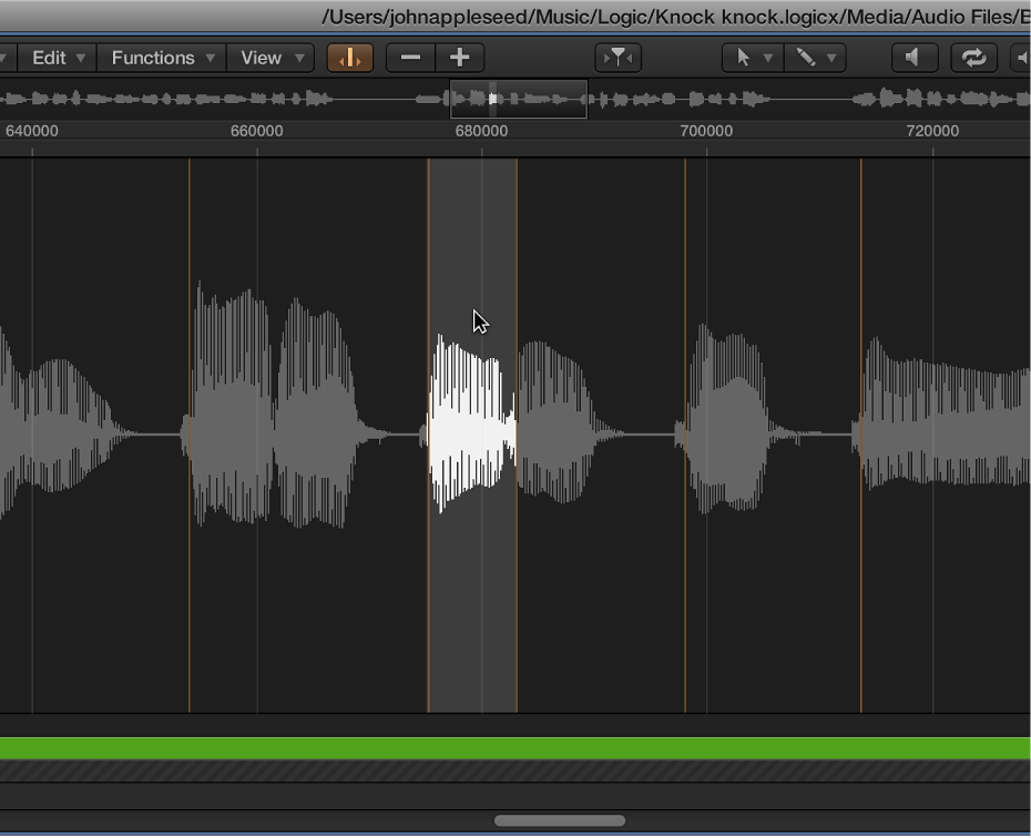 Figure. Sample Editor selection between two transient markers.