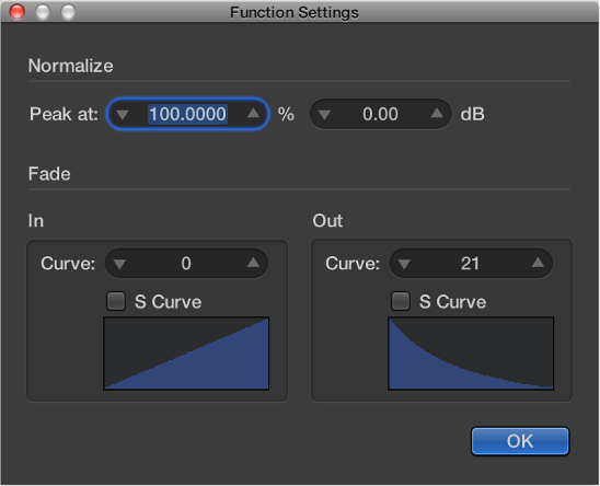 Figure. Function Settings window with edited curve value on Fade Out.
