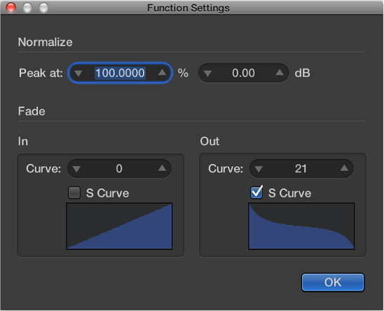 Figure. Function Settings window with s-shaped curve on Fade Out.