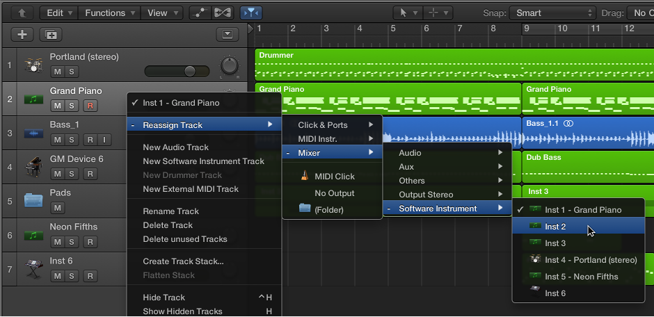 Figure. Reassign Track shortcut menu showing destinations.