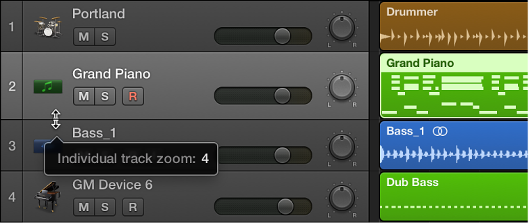 Figure. Zooming a track in the track header.