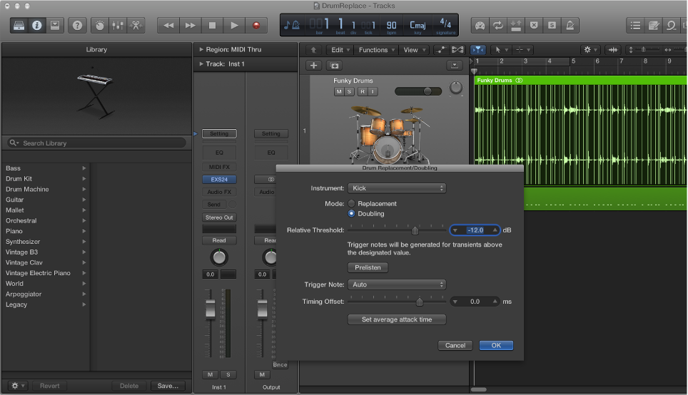 Figure. Tracks area with audio track zoomed, Library open showing drum sounds, and Drum Replacement/Doubling dialog open.