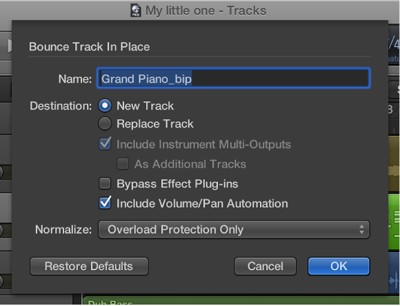 Figure. Bounce Track in Place dialog.