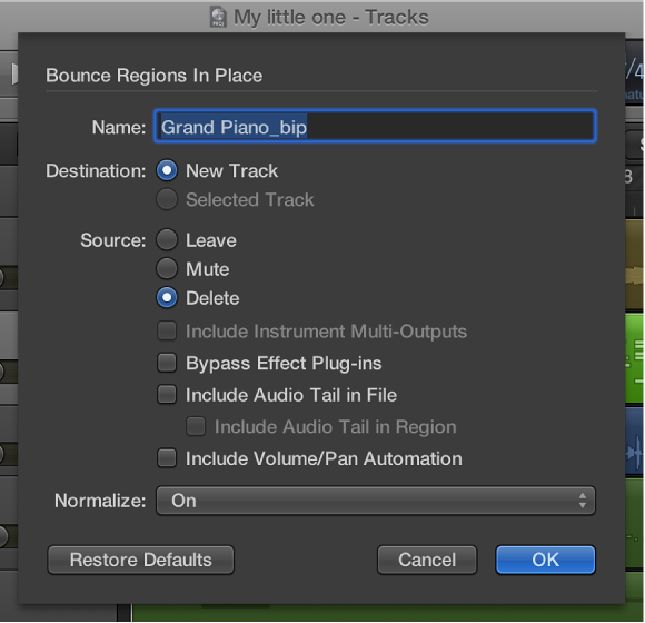 Figure. Bounce Regions in Place dialog.