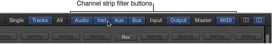 Figure. Channel strip filter buttons in the Mixer.