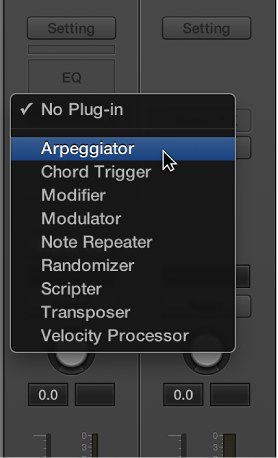 Figure. Choosing a MIDI effect from the pop-up menu.