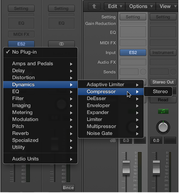 Figure. Choosing an audio effect from the pop-up menu.