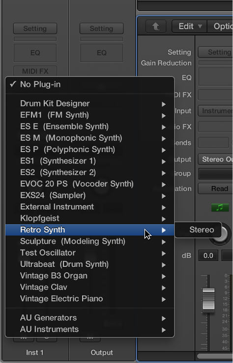 Figure. Choosing an instrument from the pop-up menu.