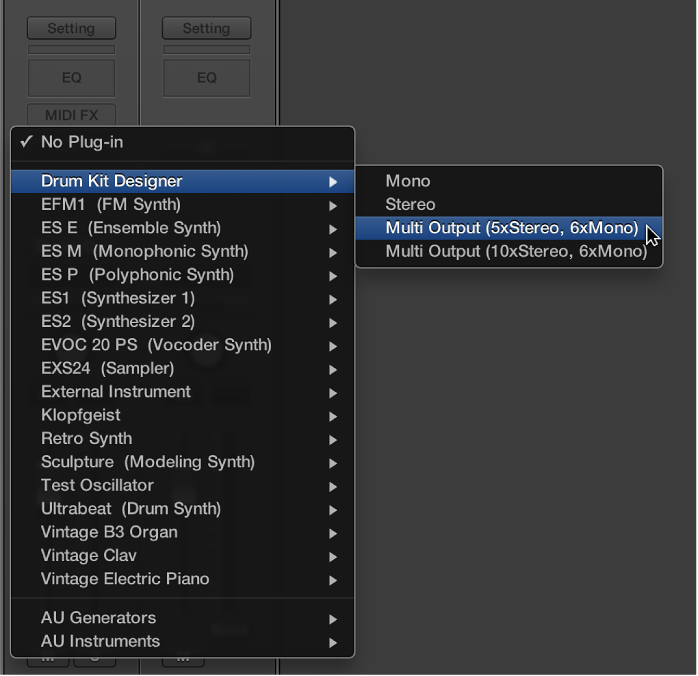 Figure. Instrument slot pop-up menu showing the EXS24 Multi Output option.