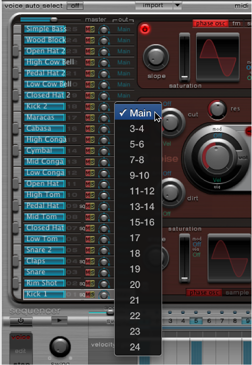 Figure. Ultrabeat plug-in window showing instrument out pop-up menu.