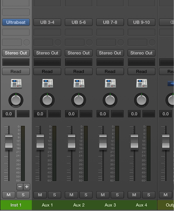 Figure. Aux channel strips assigned to the Ultrabeat Multi Output instrument.